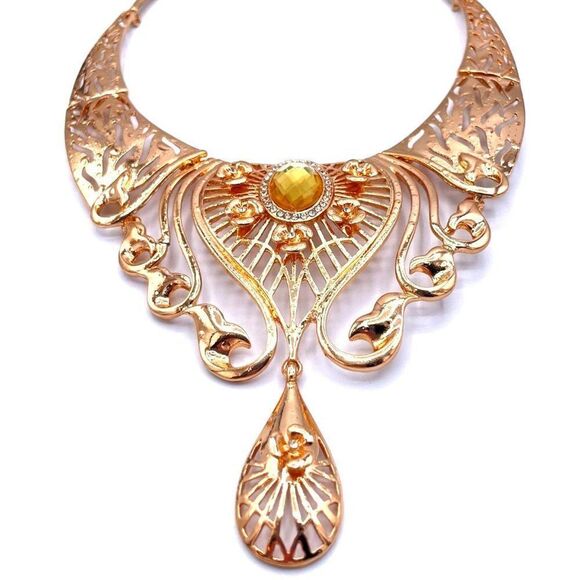 Yellow Gold with Yellow Citrine and Diamond Crystal Filigree Statement Necklace - Picture 1 of 7